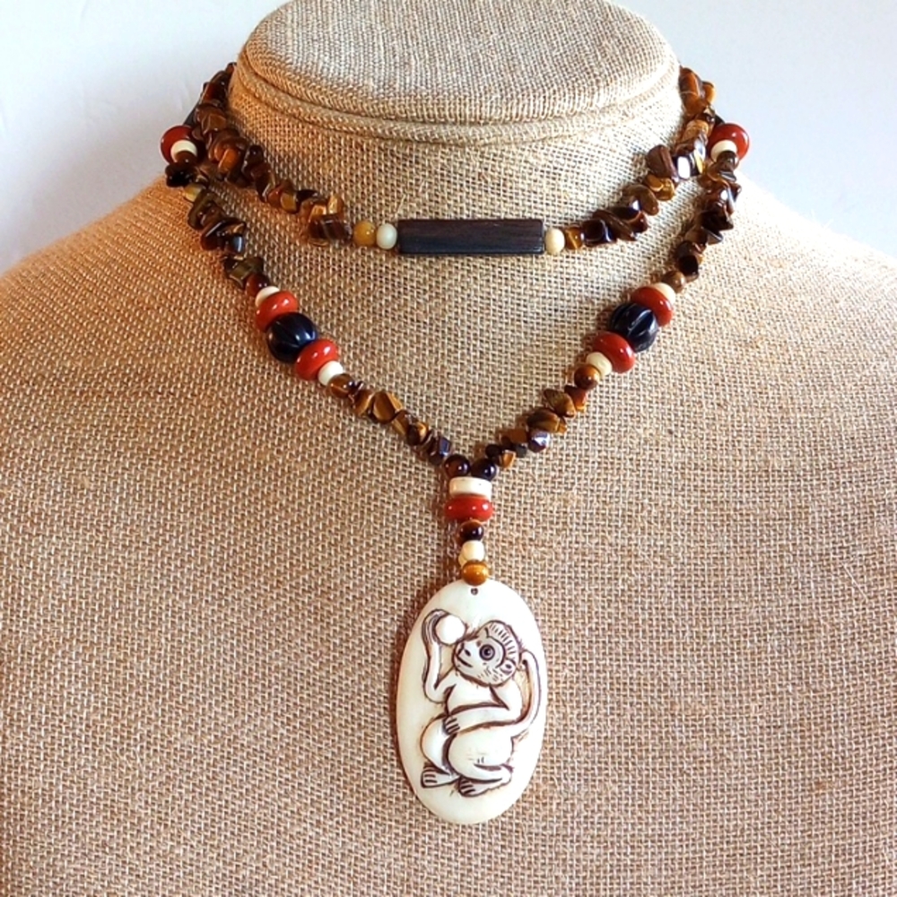 HAND CARVED YEAR OF THE MONKEY PENDANT TIGER EYE RED JASPER NECKLACE 32" LONG.